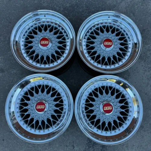 BBS RS Wheels | 17×9″ ET24 | 5×120 | Raw Silver / Chrome Lip / Red BBS Logos