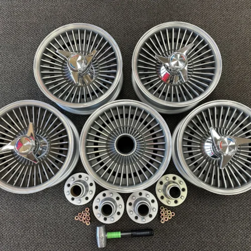 Kelsey-Hayes Knock-Off Wheels | 15×6 | Radial Fin Design | PN D-49985 | Set of 5 with Hub Adapters, Spinners, Lug Nuts & Hammer
