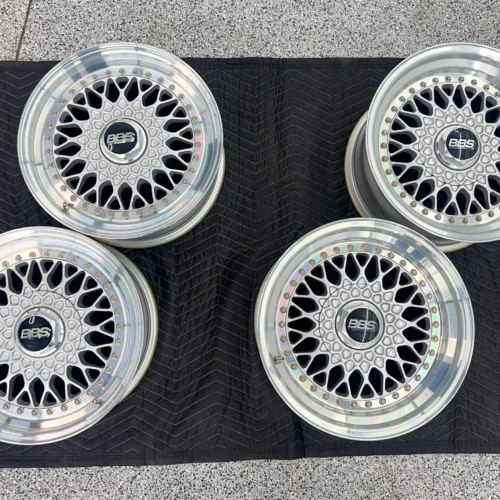 BBS RS012/RS055 Wheels | 16×7 Front ET23 / 16×9 Rear ET15 | Three-Piece | Silver with Polished Lips | BBS-Logo Center Caps
