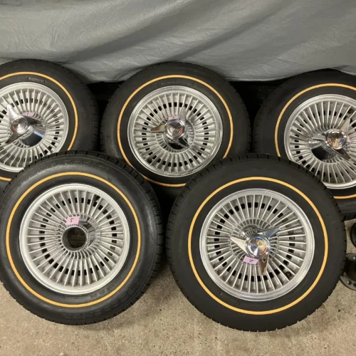 Kelsey-Hayes Knock-Off Wheels | 15×6 | Radial Fin Design | PN D-49985 | Set of 5 with BFGoodrich Silvertown Tires, Hub Adapters & Spinners