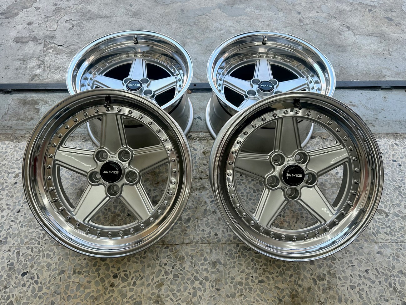 AMG Penta Wheels | 17x8.5 & 10" ET21 | 4x112 | Staggered Three-Piece | Pre-Merger 1988 | Machined Silver / Chrome Lip - Image 10