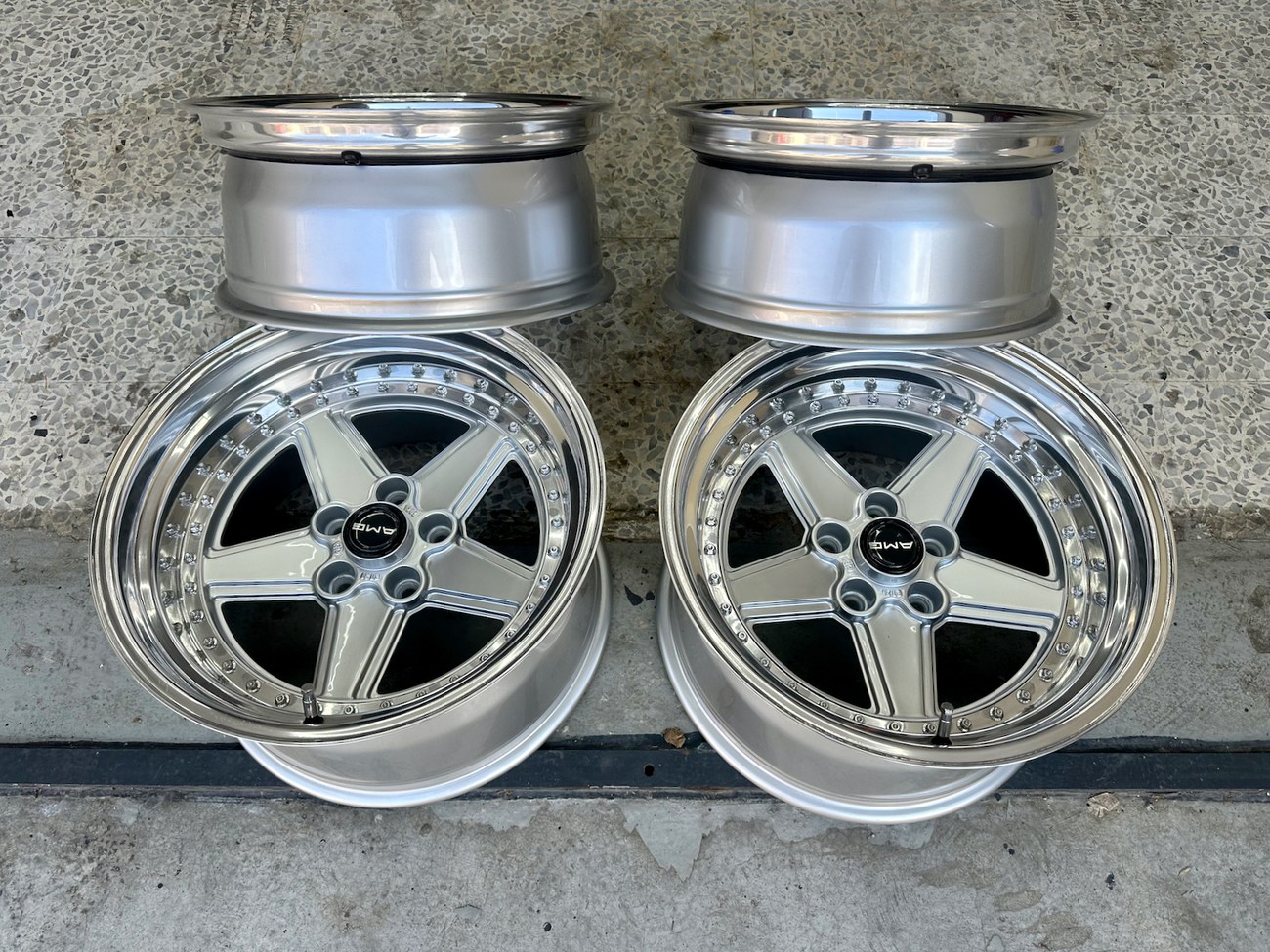 AMG Penta Wheels | 17x8.5 & 10" ET21 | 4x112 | Staggered Three-Piece | Pre-Merger 1988 | Machined Silver / Chrome Lip - Image 9