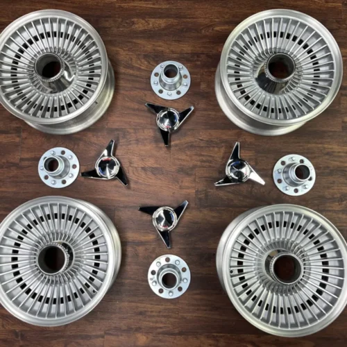 Kelsey-Hayes Knock-Off Wheels | 15×6 | Radial Fin Design | PN D-49985 | Hub Adapters, Two-Bar Spinners & Bright Center Cones