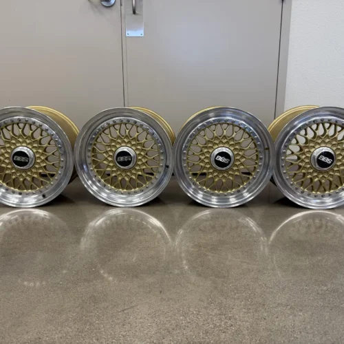BBS RS131/RS132 Wheels | 16×8.5 Front / 16×9.5 Rear | Three-Piece Forged | Gold with Polished Lips | BBS-Logo Center Covers