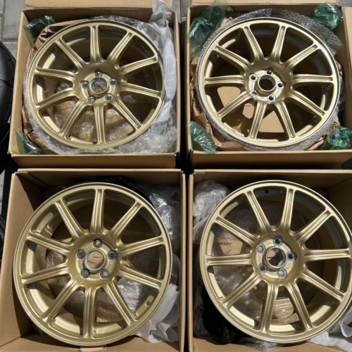 Set of Four BBS Wheels 17×7.5″ w/53mm Offset Gold Finish Forged-Alloy Construction Unmounted 225/45 Bridgestone Potenza RE070s BBS-Logo Center Caps Aluminum BBS-Logo Valve Stem Covers Rubber Valve Stems BBS-Logo Shipping Boxes
