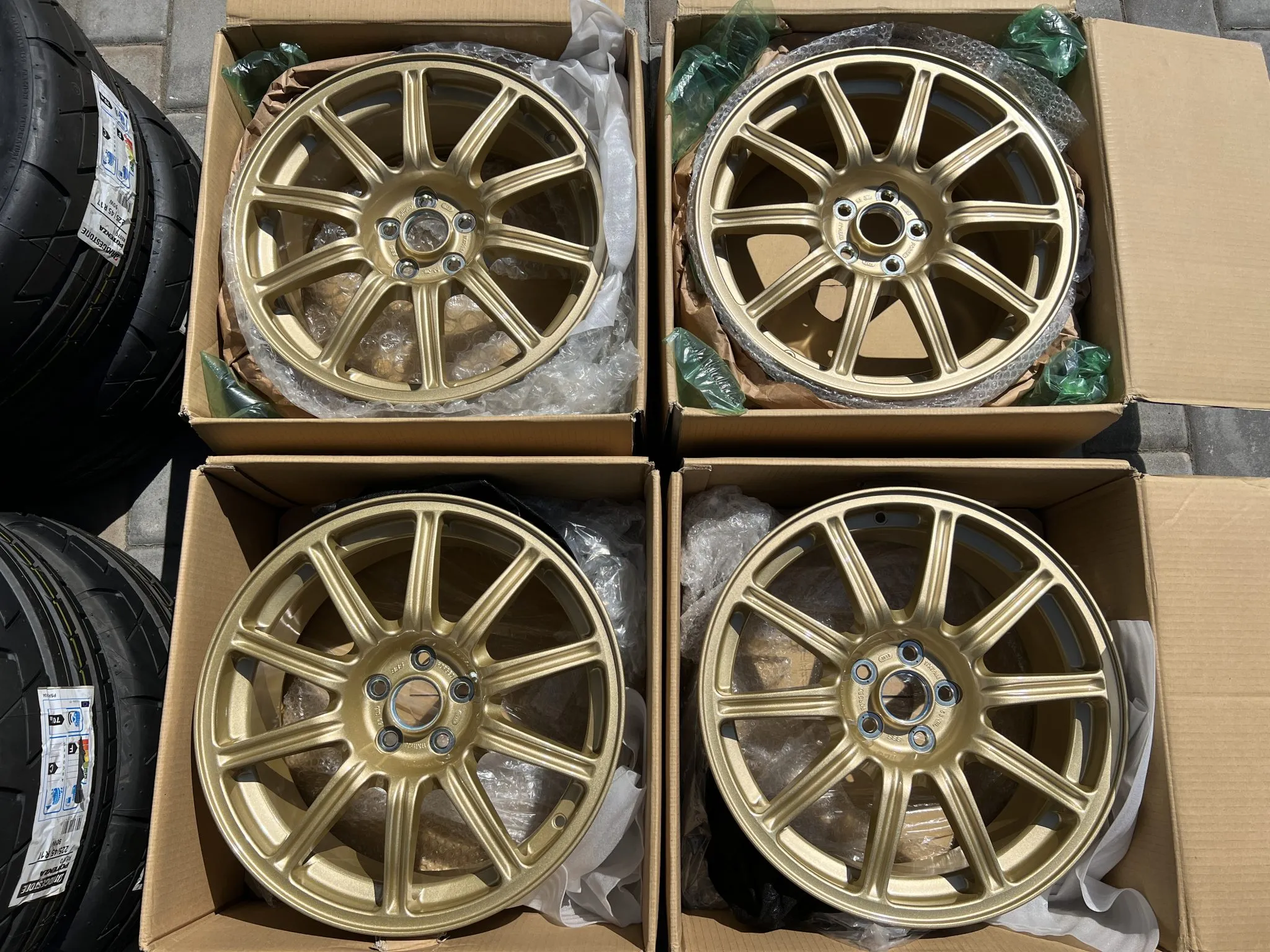 BBS wheels 17 inch forged gold Bridgestone Potenza tires set
