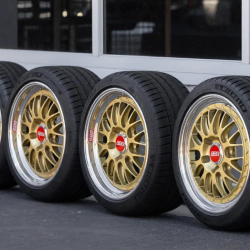 BBS E88 Wheels | 18×8.5 Front / 18×10 Rear ET55 | Three-Piece | Gold Forged Centers with Polished Lips | BBS Red Center Caps