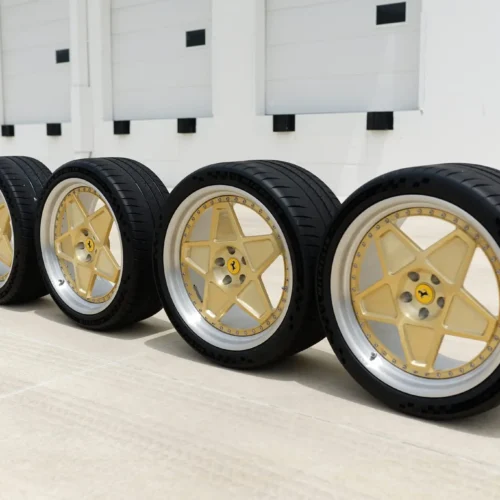 HRE 505 Wheels | 21×10 Front ET35 / 21×11.5 Rear ET45 | Gold Spokes with Polished Lips | Ferrari | Michelin Pilot Sport Cup 2 Tires | Aluminum Valve Stems & Lug Nuts