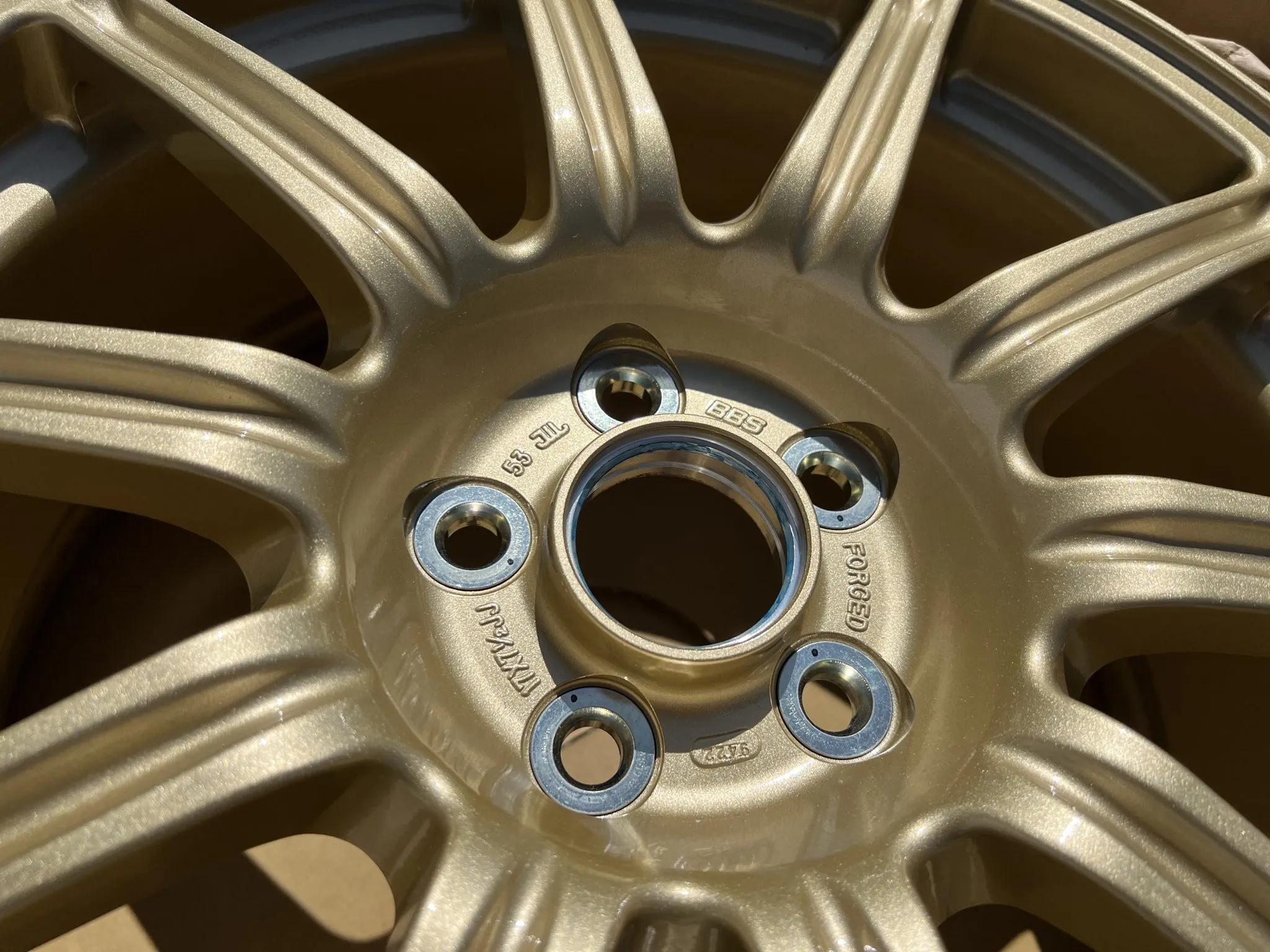 Set of Four BBS Wheels 17×7.5″ w/53mm Offset Gold Finish Forged-Alloy Construction Unmounted 225/45 Bridgestone Potenza RE070s BBS-Logo Center Caps Aluminum BBS-Logo Valve Stem Covers Rubber Valve Stems BBS-Logo Shipping Boxes - Image 10