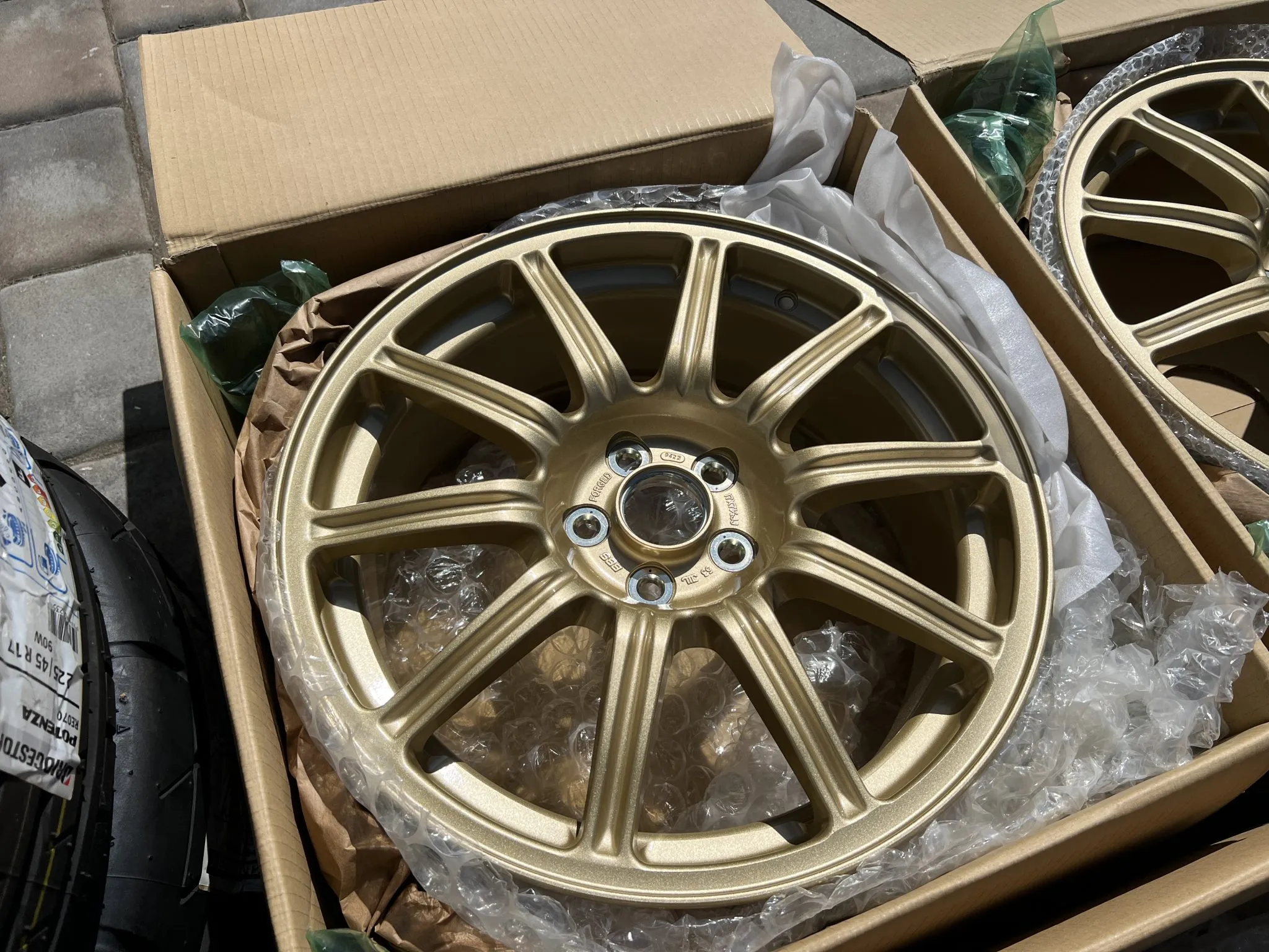 BBS wheels 17 inch forged gold Bridgestone Potenza tires set
