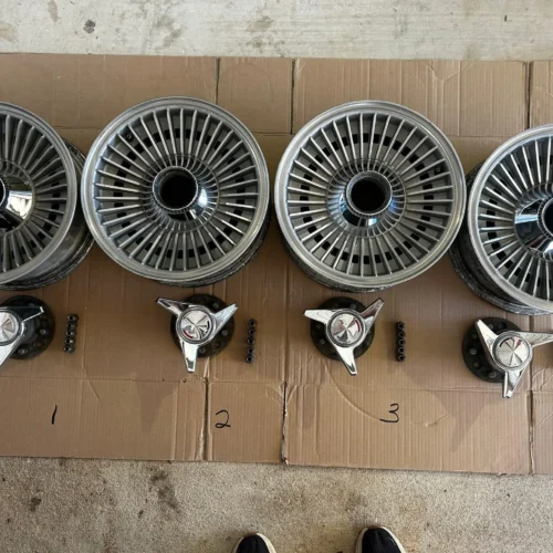 Kelsey-Hayes Knock-Off Wheels | 15×6 | Radial Fin Design | Bright Center Cones | PN D-49985 | Hub Adapters, Spinners & Lug Nuts Included