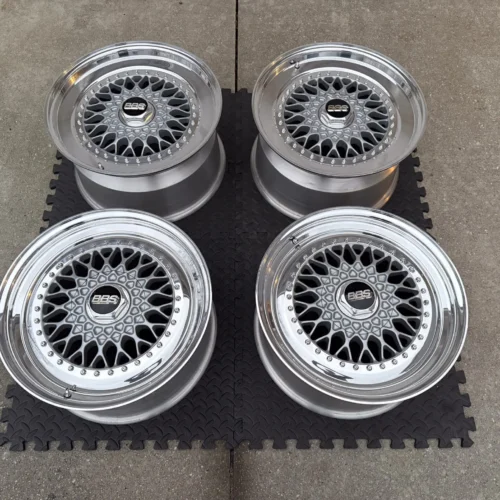 BBS RS012/RS013 Wheels | 18×8.5 Front / 18×9.5 Rear ET42 | Three-Piece Forged | Silver with Polished Lips | BBS Center Cap Wrench Included