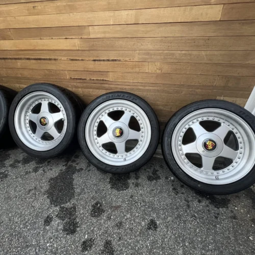 OZ Racing Futura Wheels | 17×8.5 Front ET41 / 17×10 Rear ET51 | Forged Multi-Piece | Silver | Porsche | Refinished & Rebuilt 2022 | Dunlop Direzza Tires | Porsche Crest Center Caps