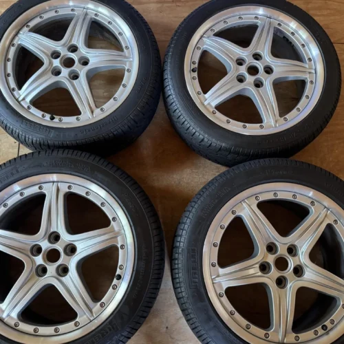 BBS Modular Wheels for Ferrari 360 | 18×7.5 Front ET31.5 / 18×10 Rear ET38.95 | Silver with Machined Lips | Prancing Horse Center Caps | BBS RT 147/RT 148 | Ferrari PN 183843 / 183844 | Pirelli Tires