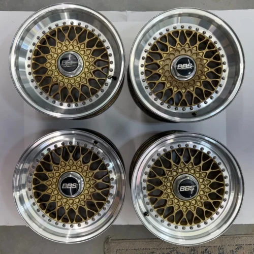 BBS RS Wheels | 16×7 Front ET23 / 16×8 Rear ET11 | Three-Piece | Gold with Polished Lips | BBS Center Caps